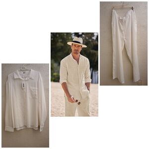 Coofandy Stylish Cream Shirt and Pants Set Vacation Travel Lounging Activewear
